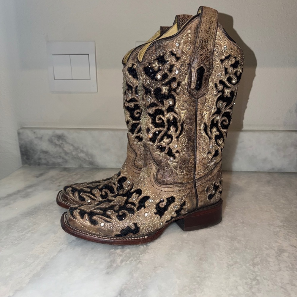 Corral Womens Sequin Inlay Western Boots Square Toe Distressed Brown A3648 6.5M